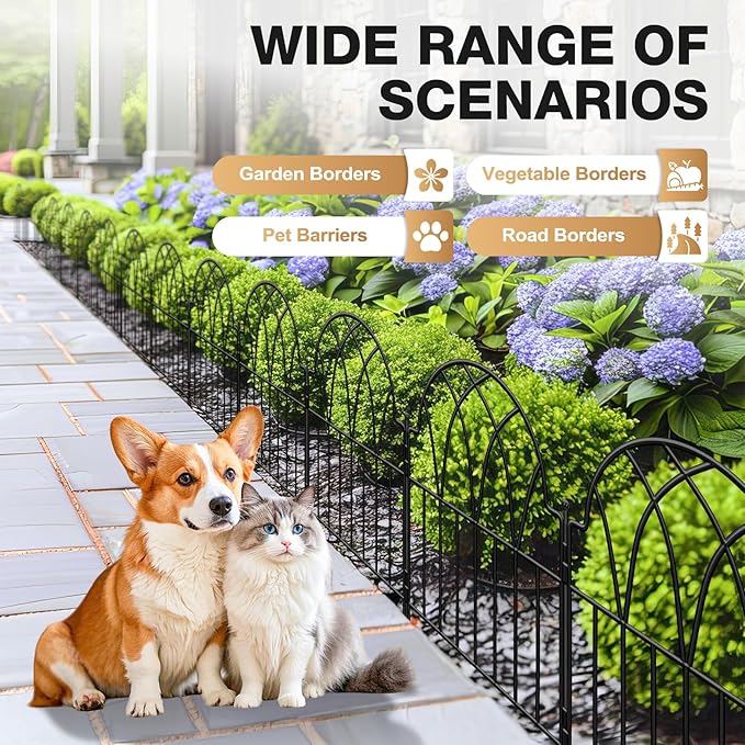 Garden Fence - 24 in(H) x 10.56ft(L) Arched Metal Fence Panel No Dig Fence, Ground Stake Animal Barrier Fence for Dog, Flower Bed Edging Wire Border Panel Fencing for Yard Patio Outdoor Decor