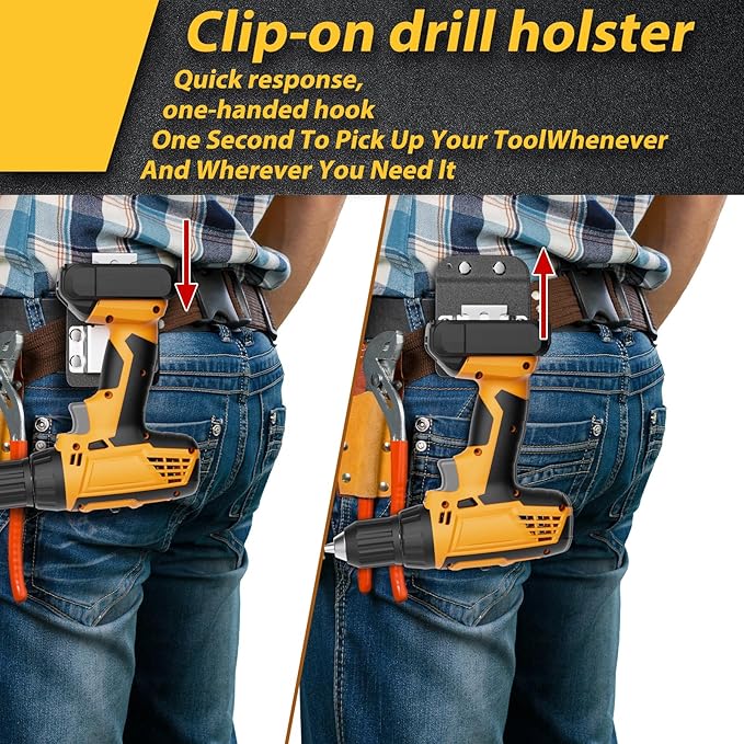 Kingson Drill Holder for Tool Belt, Quick-Release Clip, Fits Up to 2" Belts - Compatible with Dewalt, Milwaukee, Ryobi Cordless Drills, Impact Drivers, and Nailers