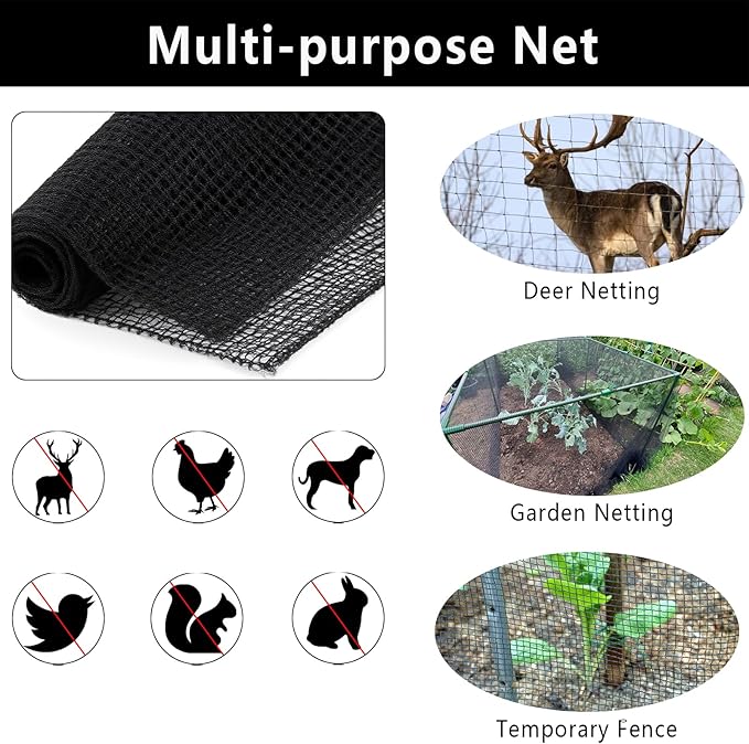 5x100ft Deer Fence Netting, Plastic Mesh Fence Heavy Duty Garden Fence Animal Barrier Garden Netting for Plants Fruit Trees Vegetables Against Deer, Birds, Rabbits, Chickens and Other Animals, Black