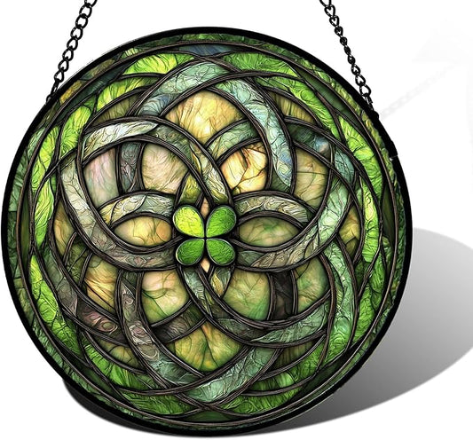 Stained Glass Window Hanging, Abstract Green Clover Sun Catchers Colorful Glass Panel Bless Suncatcher Decor for Birthday for Women, Men, Wife, Aunt, and Mom 6.3 in