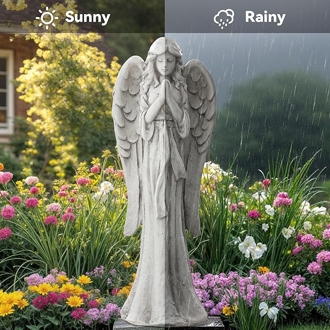 Praying Angel Statue for Outdoor Garden, 31 Inch Large Heavenly Memorial Sculpture,Durable MGO Stone Standing Angels for Yard, Patio or Cemetery Decor,Offering Comfort & Peace, Antique White