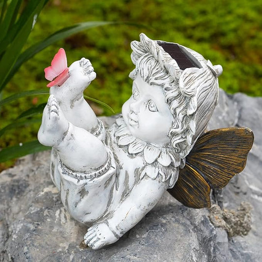 Fairies for Fairy Garden Solar Decor - Fairy Figurines Resin Outdoor Statues Ornaments with Light up Butterfly for Patio,Lawn,Yard,Porch,Outside Angel Gifts