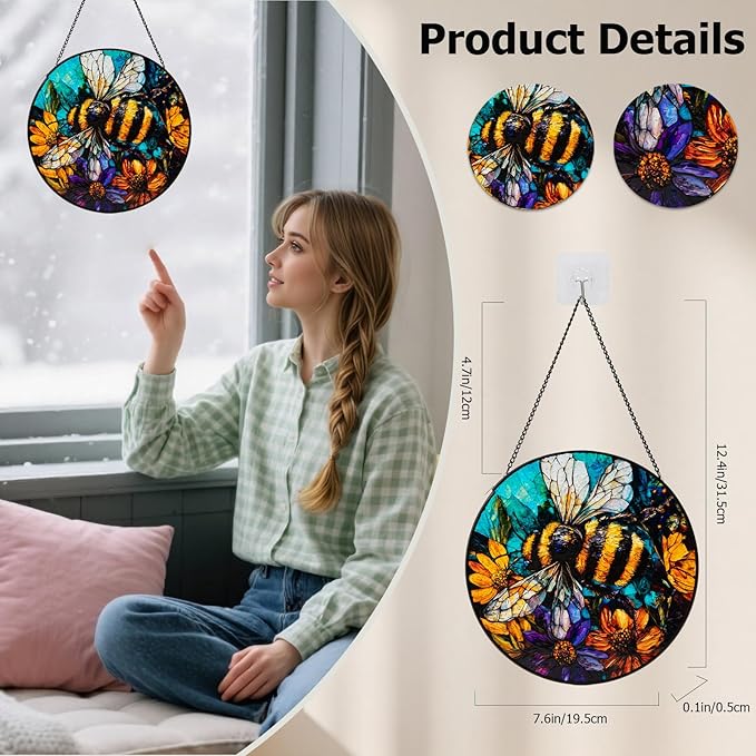 Stained Glass Window Hanging, Bee Yellow Flower Suncatcher for Doors Home Sun Catchers Decoration, Mother's Day Birthday Gifts for Women, Men, and Mom (8 Inch)