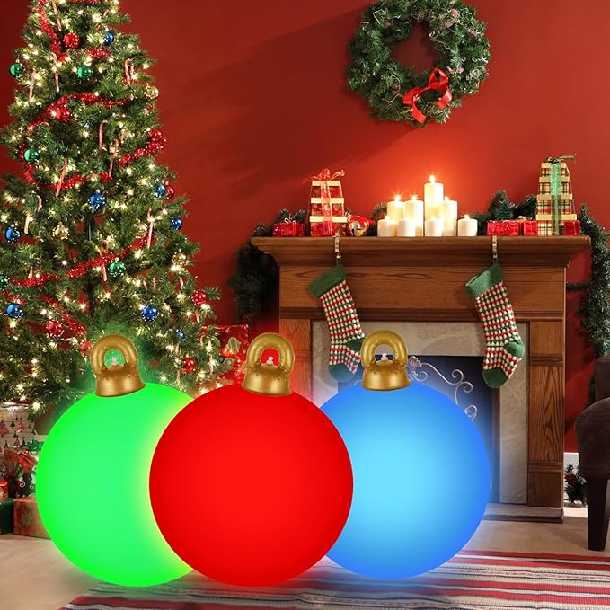 [Light up] Inflatable Ornaments Balls Outdoor 2Pcs: Flashes in Red | Green | Blue and Timer, 24 Inch Giant Christmas Inflatable Ornaments, Reusable PVC - Blow Up Ornament Balls for Yard, Porch, Party