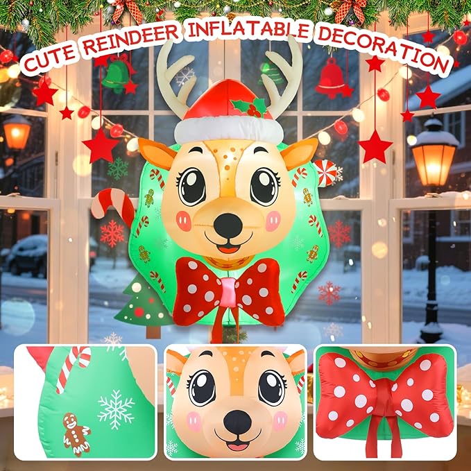 5FT Christmas Reindeer Inflatable Outdoor Yard Decoration Blow Up Inflatables Window Wreath with LED Lights for Xmas Holiday Décor