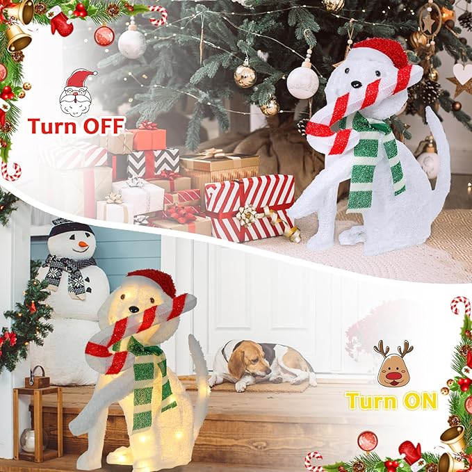 Christmas Lighted Dog Decoration 3D Glittered Fluffy Puppy with Candy Cane Battery Operated Lighted Up Ornament Outdoor Indoor Christmas Decoration for Home Lawn Yard Garden Display