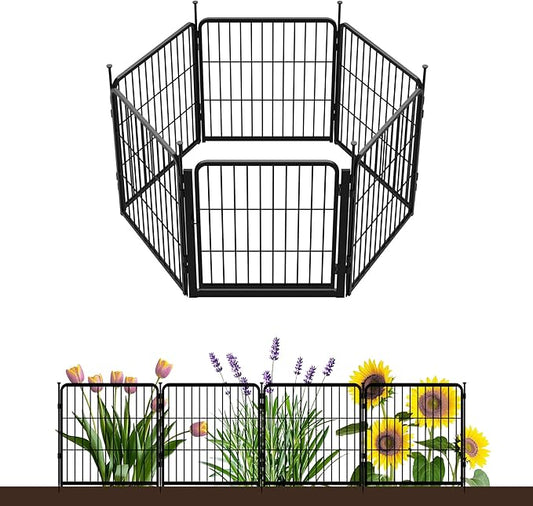 SunsGrove Garden Fence with Gate, 24 in(H) x 11.1 ft(L) 6 Panels Heavy Duty Metal Animal Barrier Fence for Yard, Suitable for Indoor or Outdoor Dog Pet Fence, Garden Fence Border, Black