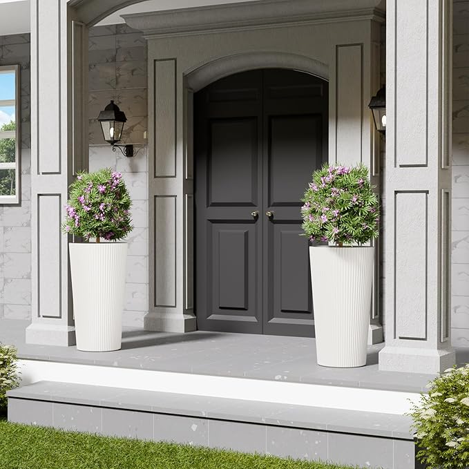 Tall Outdoor Planter Front Porch Decor Set of 2-23.6" H Tall Planters for Outdoor Plants with Drainage Hole, Round Conical Design Flower Pots for Indoor/Patio/Garden, White