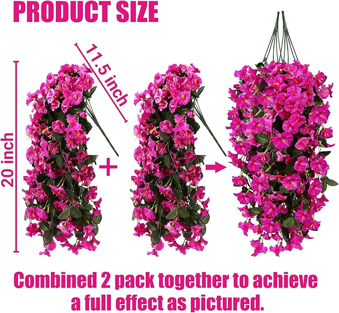Sggvecsy Artificial Fake Hanging Flowers Plants for Outdoor Outside Spring Summer Decoration 2PCS Faux Silk UV Resistant Realistic Morning Glory Trailing Vines for Home Porch Patio Balcony(Purple red)