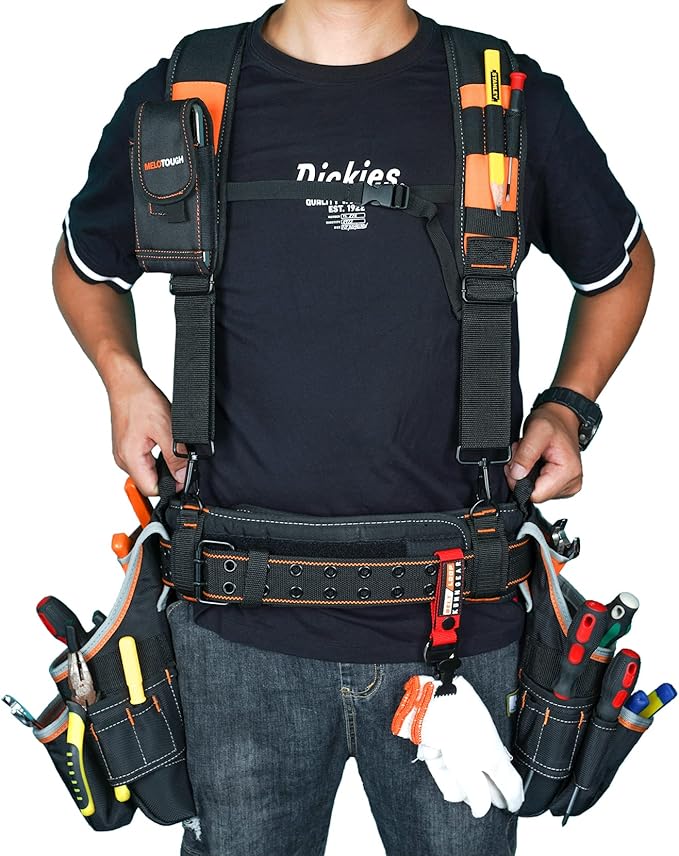 MELOTOUGH Pro Framer Combo System Tool Belt with Suspenders Construction Tool Pouch Builder Heavy Duty Carpenter Suspension Rig Tool Belt and Multi Function for electrician, roofing,contractor
