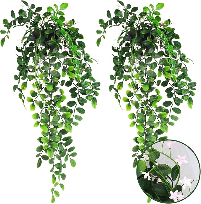 2 x Fake Hanging Plants Small Artificial Potted Lysimachia Plants with White Pink Flowers for Home Decor Nearly Natural Hanger Greenery for Wall Room Indoor Outdoor Shelf Decor