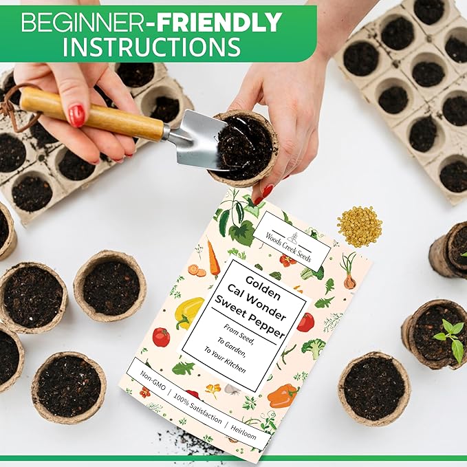 Woods Creek Seeds: Golden Cal Wonder Sweet Pepper Seeds for Planting - Non-GMO and Heirloom Bell Pepper Seeds for Planting Outdoors or Indoors for Home Plant Gardens - Sweet Golden Bell Peppers Seed