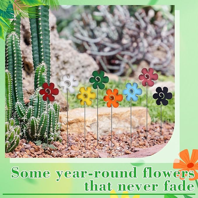 8 Pack Rustic Metal Flowers Decorative, 12" Farmhouse Garden Decor Outside Rust Garden Stakes, Spring Yard Art Ornament for Christmas Outdoor Lawn Porch Pathway Patio Decor