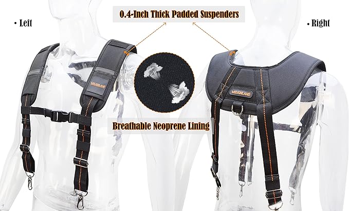 WELKINLAND 39Pockets Tool Belts for Men with Suspenders, 4" Padded Toolbelt, Tool Belt with Suspenders, Black W/Orange, One Size (38"-48")