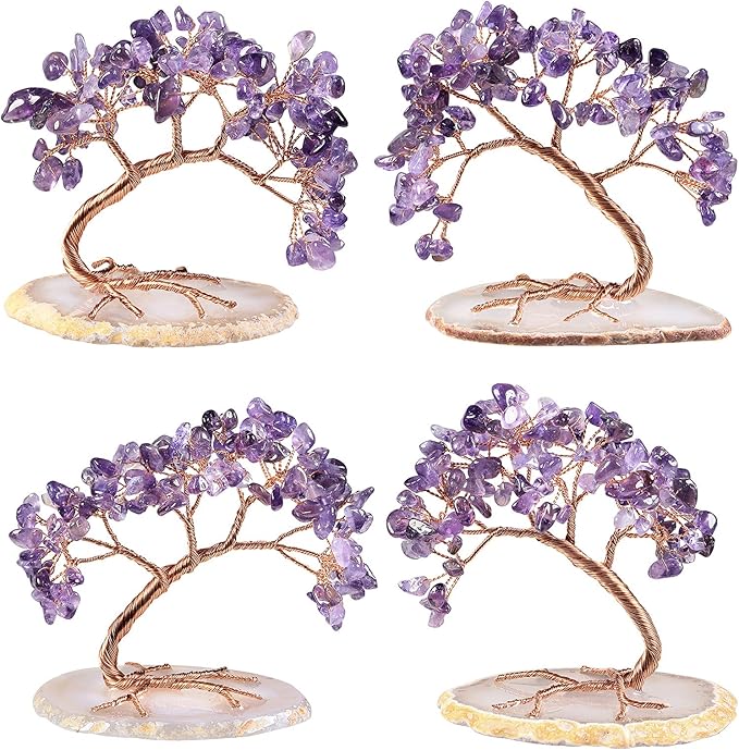 mookaitedecor Natural Amethyst Crystal Money Tree Agate Slice Base Feng Shui Bonsai Crystal Tree for Wealth Luck Desk Decor, 3-4 Inch High