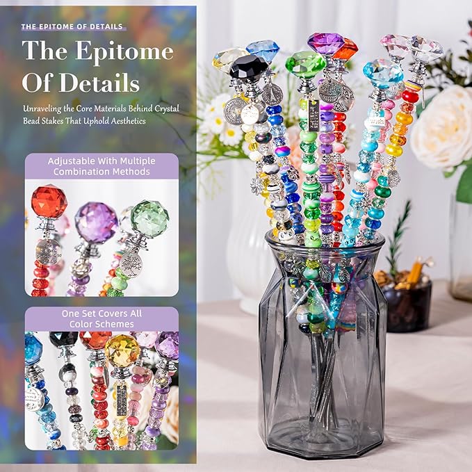 513pcs DIY Beaded Garden Stakes, DIY Fairy Wand Garden Stake Decorative Kit with Plants and Motivational Pendant, 12 in Rod, Crystal Top, Large Holes Bead for Holidays Outdoor&Indoor Decorative