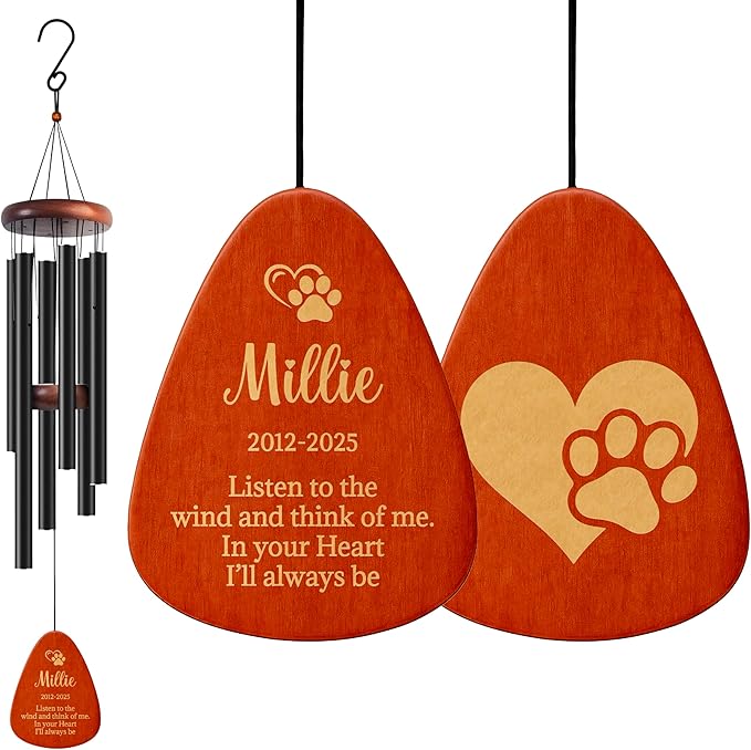 Personalized Pet Memorial Wind Chime - 37" Custom Engraved Pet Loss Gift with Name, Date & Quote - Drop Shape Wooden Pendant & Stainless Steel Tubes, Outdoor/Indoor Remembrance Wind Chime, Black D2