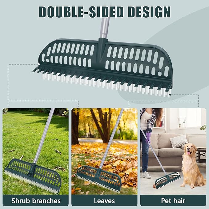 Artificial Turf Rake with 18in Double-Sided Heads, 32-61 Inch Turf Brush Grass Rake for Artificial Grass, Turf Grass Broom for Garden Lawn Artificial Turf Leaves Pet Hairs