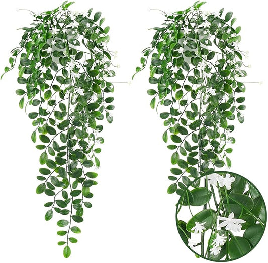 Artificial Hanging Plants, 2Pcs Fake Ivy Vine Artificial Ivy Leaves with White Flowers for Wedding Wall House Room Patio Indoor Outdoor Home Office Decor White