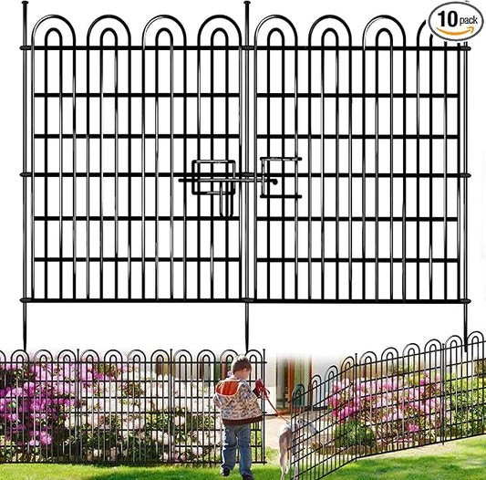 10 Panels Tall Garden Animal Barrier Fence with Gate, 42 in(H) X 24.5 ft(L) No Dig Decorative Garden Fence Outdoor for Yard, Heavy Duty Rustproof Metal Edging Border for Dog, Rabbits