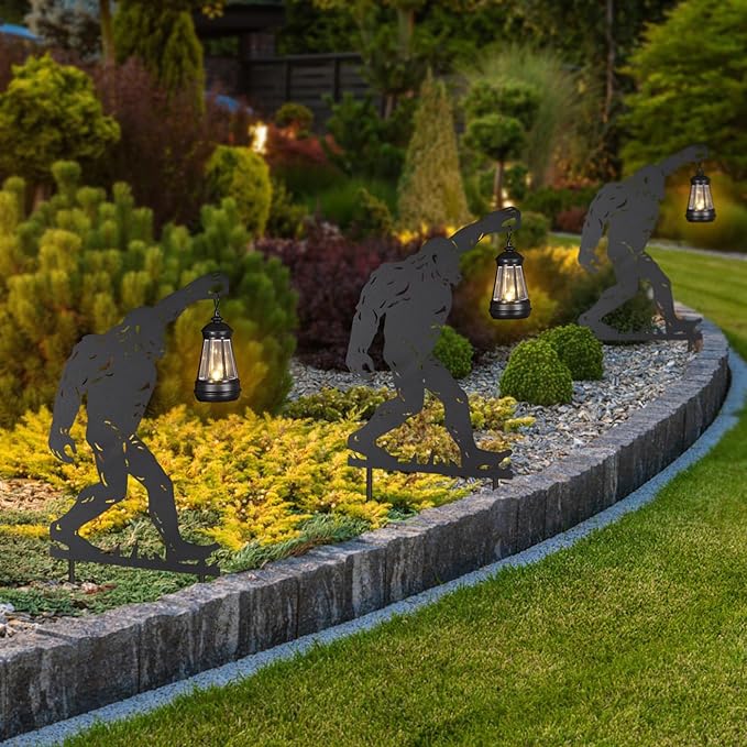 2Pack Solar Outdoor Garden Lights Stakes Solar Metal Bigfoot Lawn Deco Statue Black Bigfoot Patio Garden Decorative Stakes with Lantern Christmas Birthday Gifts for Women Mom and Grandma