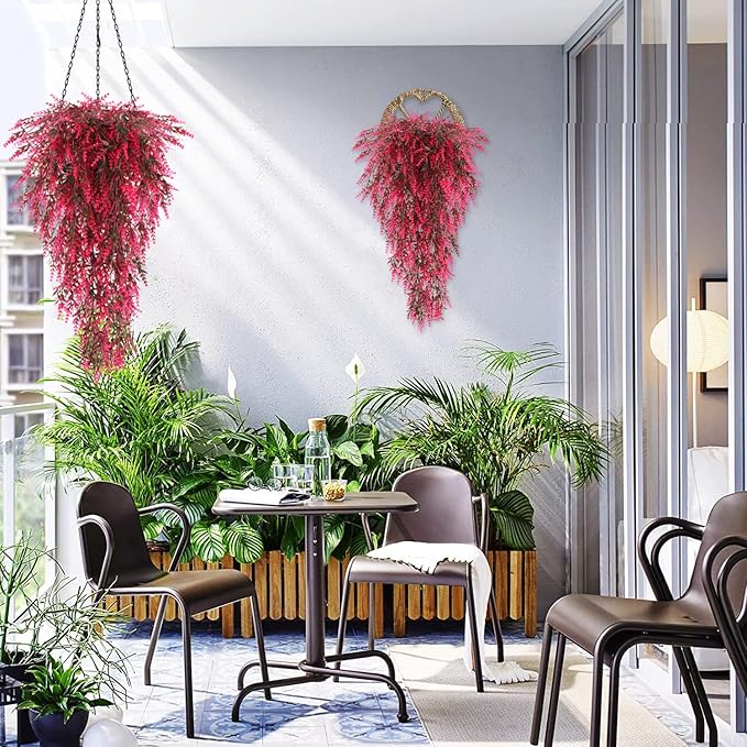 RECUTMS Artificial Hanging Plants Fake Hanging Lavender Faux UV Resistant Flowers Indoor Outside Hanging Decorations,4 Packs (Pink)