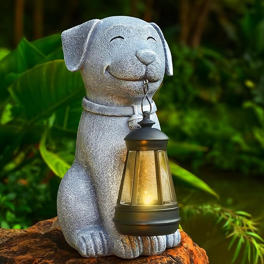 Dog Solar Garden Outdoor Statues, Resin Dog Figurine Decorations with Solar Lights Lantern for Patio, Balcony, Home, Yard Art, Lawn Ornaments, Porch, Garden Gifts for Grandma Mom Women