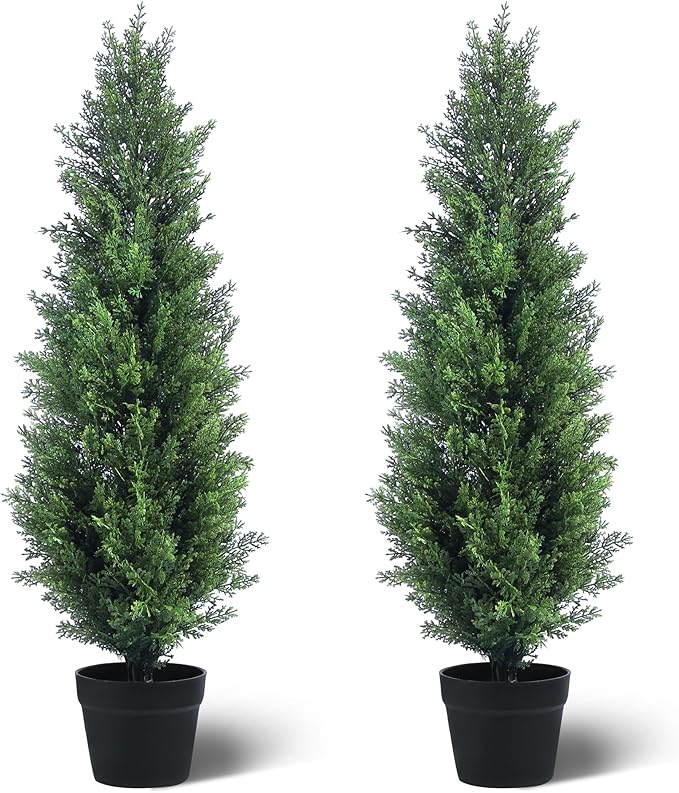 Two 3FT Tall Artificial Evergreen Trees, Beautiful and Realistic Human-Potted False Cypress, an Evergreen Plant for Home Porch Decoration,suitable for interior, office, living room and room decoration
