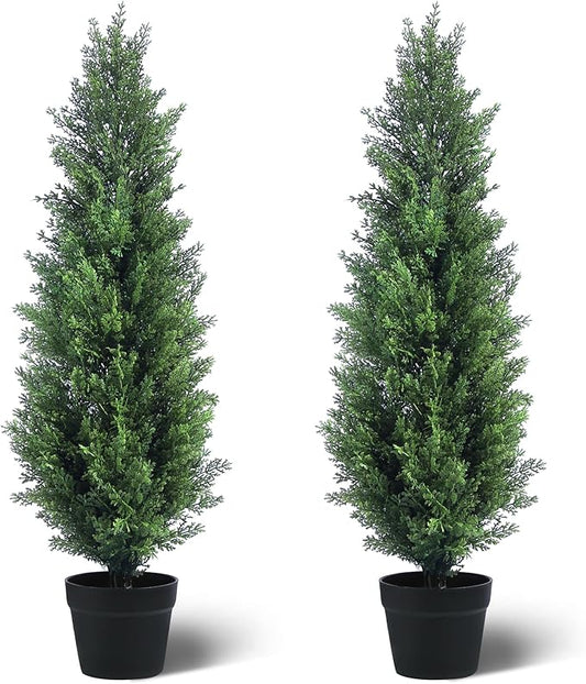 Two 3FT Tall Artificial Evergreen Trees, Beautiful and Realistic Human-Potted False Cypress, an Evergreen Plant for Home Porch Decoration,suitable for interior, office, living room and room decoration
