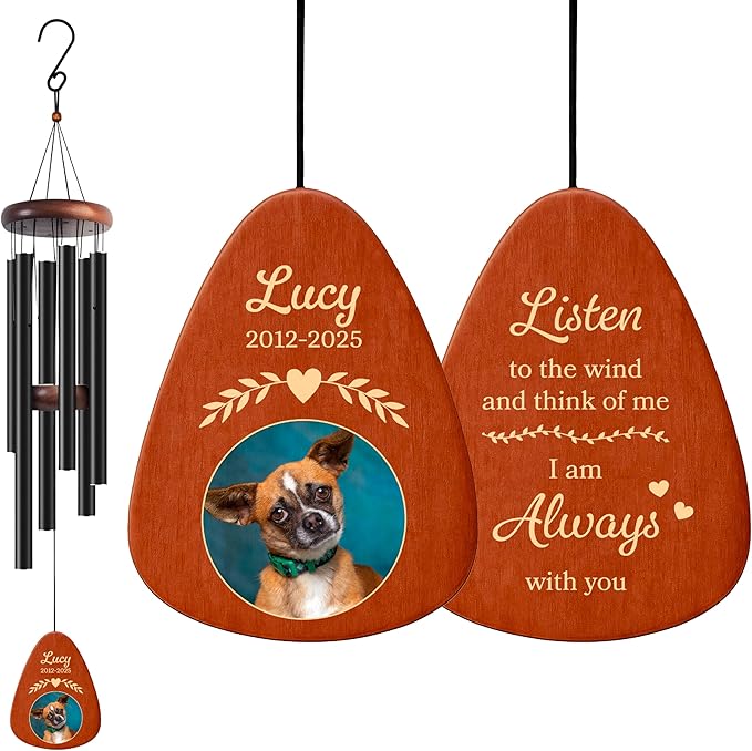 Personalized Pet Memorial Wind Chime with Photo - 37" Custom Pet Loss Gift with Name, Date & Quote - Drop Shape Wooden Pendant & Stainless Steel Tubes, Outdoor/Indoor Remembrance Wind Chime, Black D3