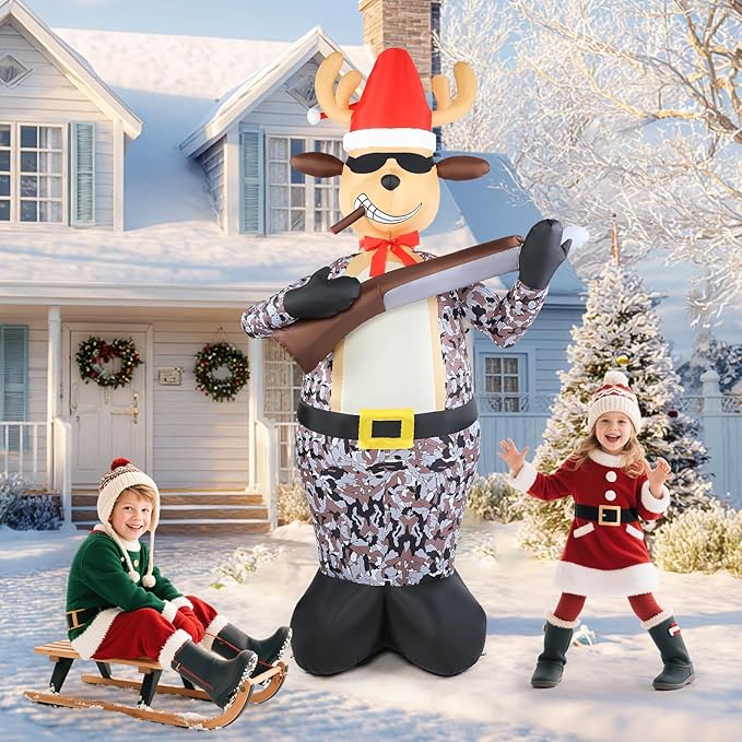 Christmas Inflatable Outdoor Decorations, 7FT Inflatables Camouflage Reindeer Yard Decor with Hat & Gun, LED Lights Blow up Giant Deer Holiday Decoration for Indoor Outside Lawn Garden Soldier Army