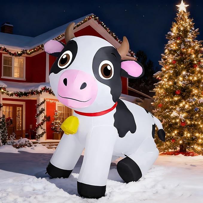 Lulu Home 6FT Christmas Inflatable Cow Decoration, Giant Blow Up Dairy Cattle with Built-in LED Lights, Air-Blown Animal Holiday Display for Yard Garden Lawn Indoor Outdoor Farm-Themed Party Decor