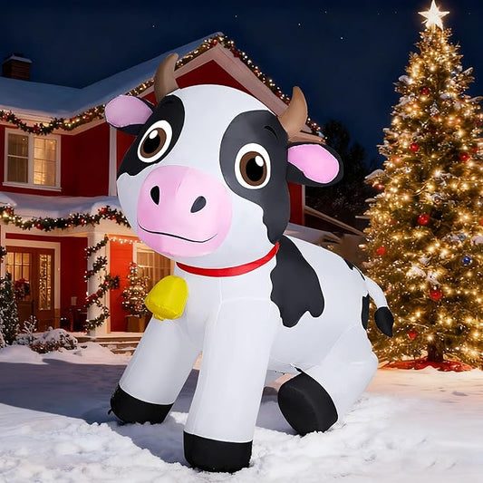 Lulu Home 6FT Christmas Inflatable Cow Decoration, Giant Blow Up Dairy Cattle with Built-in LED Lights, Air-Blown Animal Holiday Display for Yard Garden Lawn Indoor Outdoor Farm-Themed Party Decor