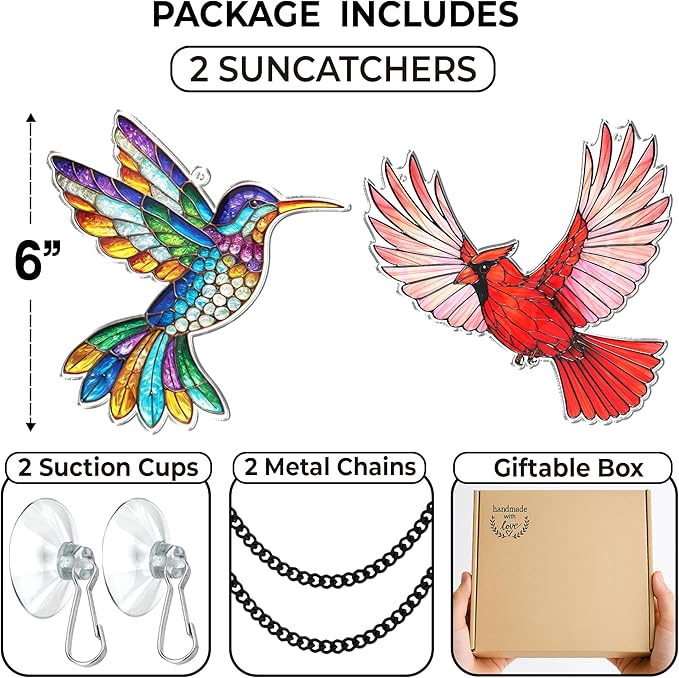2 Cardinal Hummingbird Acrylic Suncatchers, Bird Window Hanging Ornaments, Fall Decorations for Home, Gifts for Bird Lovers, Women, Friends, Memorial Keepsake SS351