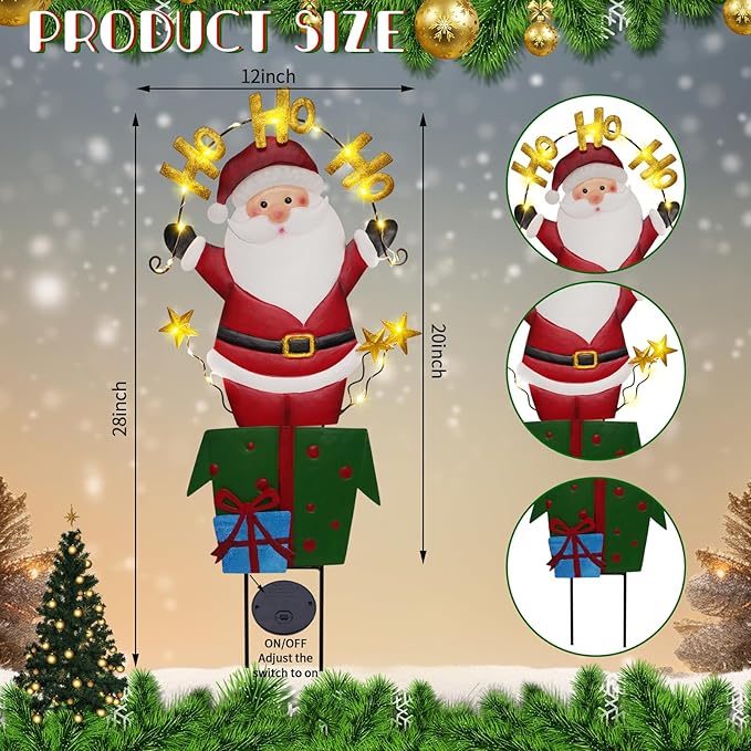 Christmas Outdoor Yard Signs Decorations, LED Solar Metal Garden Stake Lights with Joy for Patio Lawn Christmas Decor (Santa Claus)