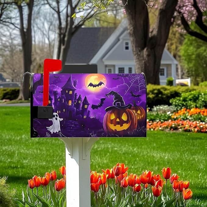 Pumpkin Mailbox Covers Magnetic Halloween Bat Post Letter Box Cover Scary Night Mailbox Wrap Standard Size 21x18 inch Castle Lanterns Forest for Outside Garden Decor Fall Autumn