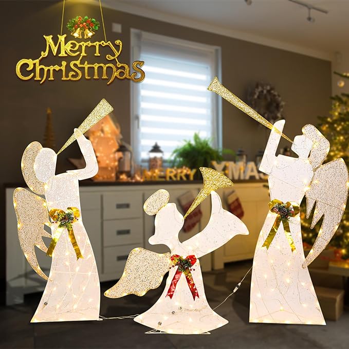 Taman Lighted Christmas Angel, Glittered 3 Angels Blowing The Trumpet Lighted LED Warm Lights for Outdoor Christmas Holiday Home Lawn Yard Garden Decoration