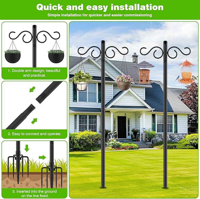 Double Shepherds Hooks for Outdoor,2 Pack 90 Inch Bird Feeder Pole with 5 Prongs Base,Heavy Duty Shepherds Hook,Suitable for Garden in Hanging Flower Basket,Lantern,Bird Nests (90 Inch)