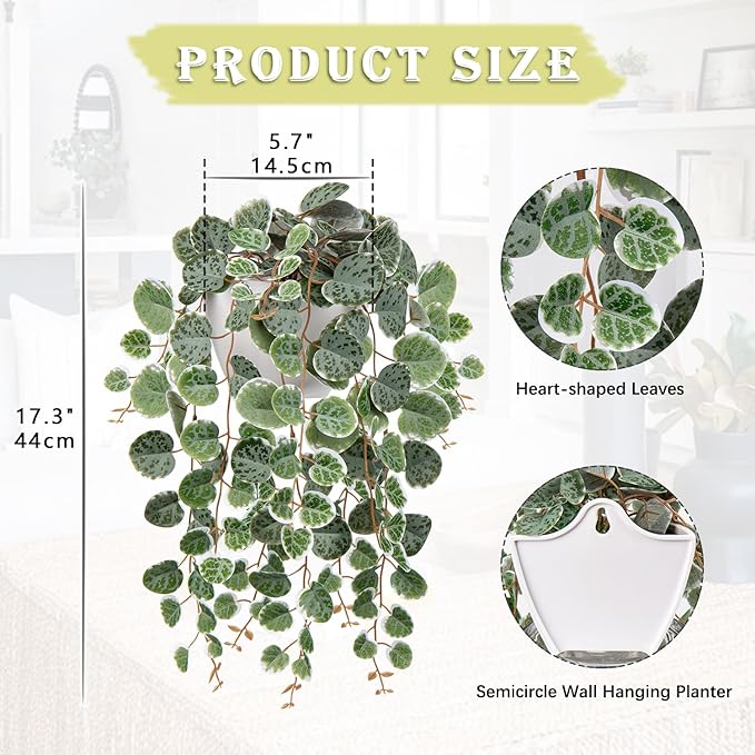 Briful Faux Hanging Plants Indoor 17'' Artificial String of Heart Plants with Semicircle Wall Mount Planter Faux Draping Vine Plants for Home Office Bathroom Hanging Decor (Green White)