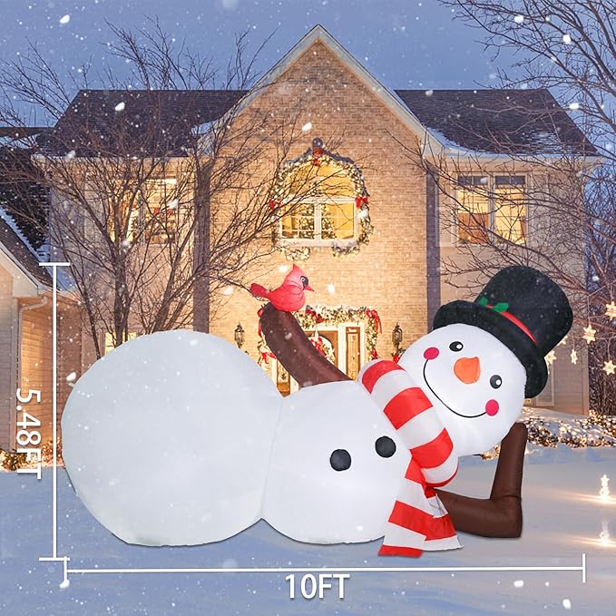 MUMTOP 10FT Long Christmas Inflatables Outdoor Decorations, Giant Inflatables Snowman with Red Cardinal Blow up Christmas Yard Decoration Built-in LED Lights for Outdoor Party Holiday Decor