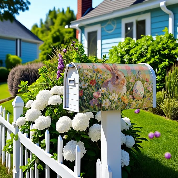 Spring Easter Bunny Floral Mailbox Covers Magnetic Standard Size Pastel Pink Plaid Rabbit Flower Egg Holiday Outdoor Seasonal Decorative Letter Box Cases for Home Garden Outside Decor, 21x18 Inch