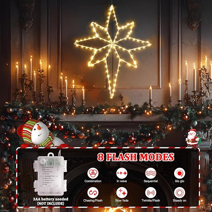 Marchpower Star of Bethlehem Christmas Window Lights, 22inch 118LEDs Warm White Xmas Window Lighted Decor Battery Powered, Waterproof Outdoor Christmas Star Light, Twinkle Fairy Light Timer - 2Pack