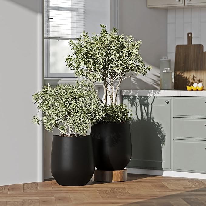 DTY Signature Mount Wilson Lightweight and Durable Modern Fiberstone Tapered Planter for Indoor Outdoor Drainage Hole & Rubber Plug Weather Resistant, 16.7" H x 15" Dia, 11.7" Opening - Medium, Black