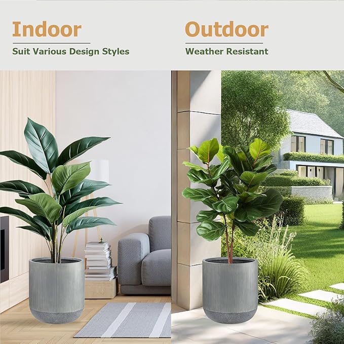 14.2" H x 13" D Ribbed Radius Fiberstone Round Planter - Christmas Tree Planter, Weather Resistant for Indoor and Outdoor Use, Included 2 Extra Coco Mats (Charcoal, 11.5" Pot Opening)