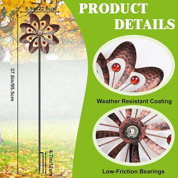2PC Metal Wind Spinners Outdoor, 360° Wind Sculpture Spinner with Metal Stake, Waterproof Spinners Green Kinetic Wind Spinner for Yard Lawn Decor (A- Vintage Copper)