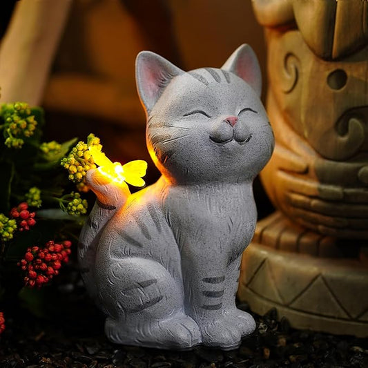 Solar Garden Cat Statue with LED Butterfly Light, Decorative Resin Outdoor Figurine 7.7in, Yard Lawn Ornaments Porch Patio Balcony Home House - Birthday Gifts for Grandma Mom Women