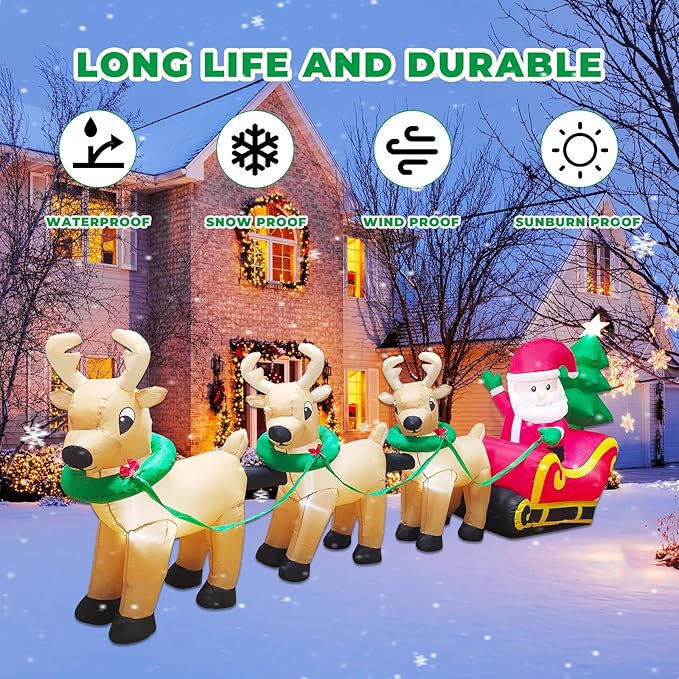 14FT Christmas Inflatables Santa Claus on Sleigh Outdoor Decorations, Santa Claus on Sleigh with 3 Reindeer, LED Lighted Outdoor Yard Decoration for Xmas Party Decor Yard Garden Lawn