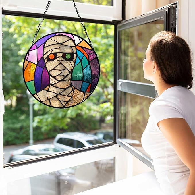 Stained Glass Window Hanging Halloween Abstract Colorful Mummy Large 11.8" - Suncatcher Door Garden Sun Catcher Gothic Decor Birthday Horror Funny Gift for Mom Woman Nana Friend Men