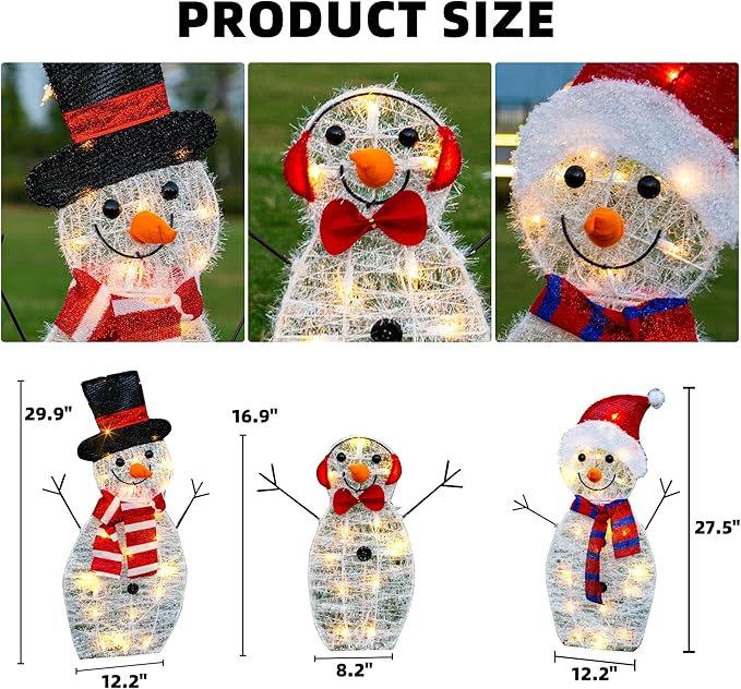 TW SHINE Lighted Christmas Snowman Outdoor Decoration, 3-Piece Pre-Lit 2D Snowman Family Set with 55 Warm White Lights, Christmas Yard Decorations for Patio Lawn Garden Decor, 20.5X9X29.5Inch-Large