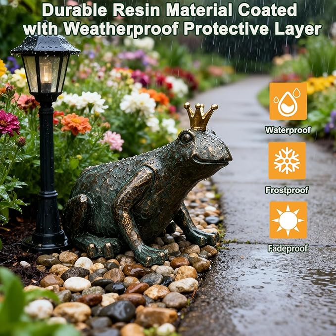 Frog Garden Statue,11.5" L×8" H Animal Figurines Garden Decor, Weather-Resistant Outdoor & Indoor Sculptures & Statues for Home,Patio,Yard and Entryway-Crouching Frog Prince